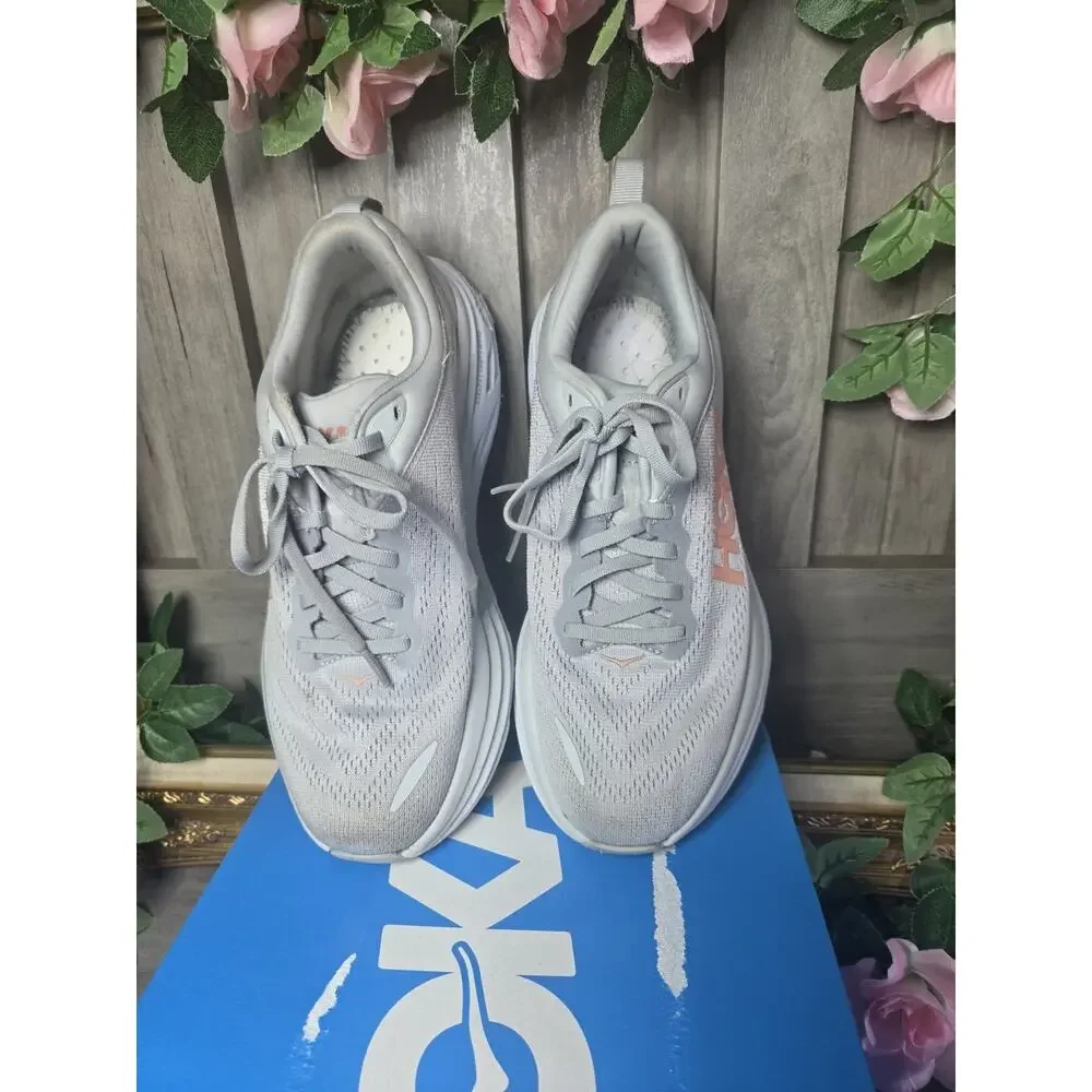 HOKA Bondi 8 Womens Size 9B Gray Pink Running Walking Shoes Sneakers 1127952